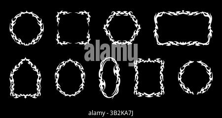 Set di cornici tribali neo-gotiche. I bordi vettoriali circolari, rettangolari, ovali, esagonali e bianchi ad arco presentano elementi simili alla fiamma. Orribile barba ornamentale Illustrazione Vettoriale