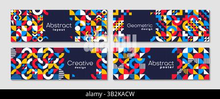 Striscioni orizzontali astratti con un moderno motivo geometrico. Il set vettoriale di modelli presenta forme vivaci e colori primari: Rosso, blu, giallo, bianco Illustrazione Vettoriale
