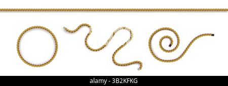 Corde nautiche isolate su sfondo bianco. Illustrazione vettoriale realistica di fili dritti, curvi, circolari rotondi, spago naturale, trama in fibra di canapa, cavo intrecciato per un arredamento retrò Illustrazione Vettoriale