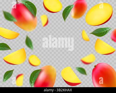 Mango autunnale. Frutto 3D, fetta fresca volante realistica, icona tropicale realistica in colori giallo e bianco. Messa a fuoco e sfocata, oggetti interi e mezzi, foglie verdi. Vettore isolato su sfondo trasparente Illustrazione Vettoriale