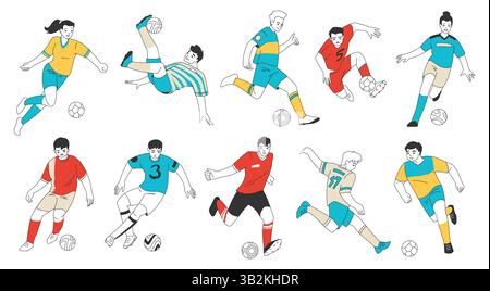 Giocatori di calcio. Squadra di calcio, pose dei personaggi di gioco. Portiere professionista, calcio dinamico. Uomini in uniforme sportiva che calciano palloni, competizione di gioco. Set di illustrazioni piatte vettoriali isolate in stile cartoon Illustrazione Vettoriale