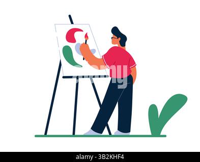 Le persone si esercitano nel parco. Hobby creativo. Uomo che disegna piante nella natura. Pittore talentuoso in piedi con cavalletto. Immagine di artista. Svago nel giardino estivo. Ragazzo con pennello o tavolozza. Concetto vettoriale Illustrazione Vettoriale