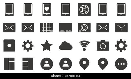Icone dell'interfaccia utente dell'app mobile impostate per Web e applicazioni, pacchetto icone piatte minimaliste, simboli dell'interfaccia utente, navigazione, Impostazioni, comunicazione Illustrazione Vettoriale