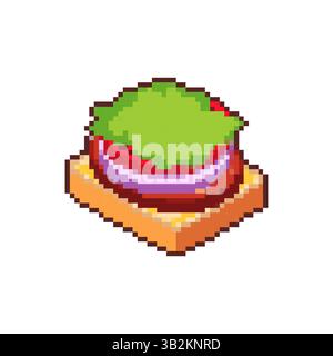 Panino con crocchette di salsiccia, pane a 8 bit, cipolla e insalata. Illustrazione Vettoriale