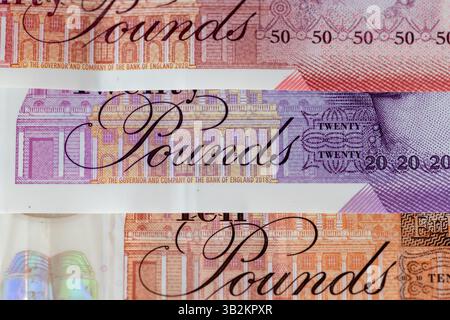 La parola sterline sulle banconote della valuta del Regno Unito, Sterlina. Foto Stock