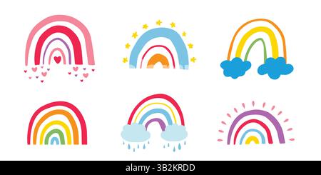 Set arcobaleni colorati. Illustrazione del vettore dell'arco a colori disegnato a mano. Illustrazione Vettoriale
