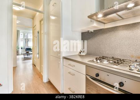 Spaziosa e moderna cucina con eleganti armadi, elettrodomestici in acciaio inox e una disposizione aperta che si collega a un'area soggiorno ben illuminata. Ideale per un soggiorno contemporaneo. Foto Stock