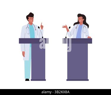 Conferenza medica. Medico donna e uomo in piedi sul podio e a tenere un discorso per il pubblico. Due medici hanno un dialogo medico professionale Illustrazione Vettoriale