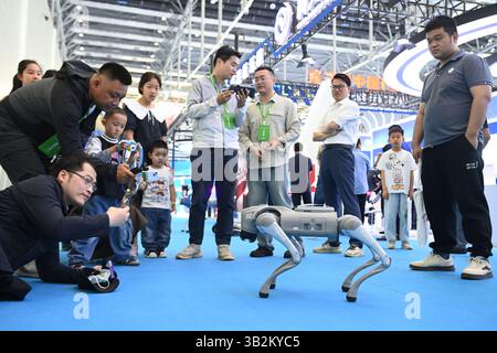 Un cane robot attira visitatori. Hefei, Cina. 26 aprile 2025. La terza fiera cinese (Anhui) per la trasformazione dei risultati dell'innovazione scientifica e tecnologica prende il via a Hefei, capitale della provincia di Anhui nella Cina orientale, il 26 aprile 2025. Credito: Han Suyuan/China News Service/Alamy Live News Foto Stock