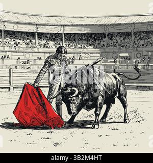 Matador di fronte al Charging Bull con Red Cape in Arena. Illustrazione stilizzata in bianco e nero con un tocco di rosso che raffigura una scena tradizionale di corrida. Illustrazione Vettoriale