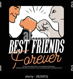 "Illustrazione del gatto e del pugno umano - divertente disegno di cartoni animati per l'amicizia con animali domestici per magliette, simpatico abbigliamento per gli amanti degli animali, divertenti regali per i proprietari di gatti Illustrazione Vettoriale