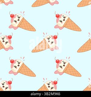 Allegro motivo vettoriale senza cuciture con coni per gelato in stile kawaii con ciliegie sulla parte superiore. Ideale per l'estate, i bambini e i progetti a tema dolce. Illustrazione Vettoriale
