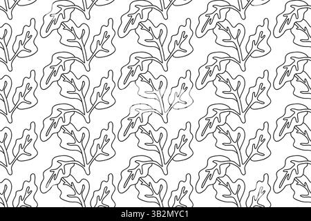 Motivo floreale lineare senza cuciture con illustrazione vettoriale di foglie tropicali. Contorno disegnato a mano che ripete il fogliame su sfondo bianco. Design grafico per Illustrazione Vettoriale