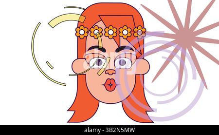 Personaggio dei cartoni animati con capelli rossi che indossano una corona di fiori. Lo sfondo presenta elementi astratti, tra cui forme circolari e linee espressive. Illustrazione Vettoriale