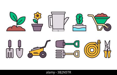 Icona strumenti attrezzature da giardinaggio immagine grafica di oggetti da piantare in tinta piatta Illustrazione Vettoriale