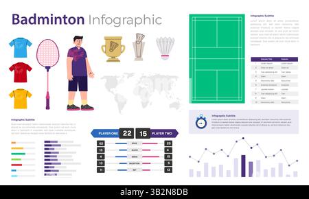 Gioco infografico di badminton elementi sportivi icona grafica del campionato statistiche del campo giocatori navicelle racchetta e disposizione delle informazioni sui dati Illustrazione Vettoriale