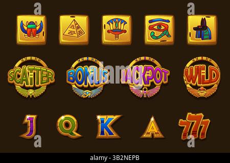 Simboli di fessure dorate dell'Egitto. Set di cartoni animati con icone di giochi egiziani isolate su sfondo scuro. Blocchi d'oro, occhio di Horus, loto, scarabeo, piramide Illustrazione Vettoriale