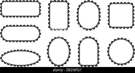 Telai con bordo scalpo. I bordi dei bordi dei bordi dei motivi del pizzo su forme geometriche diverse, cerchio, rettangolo e quadrato. Set di elementi vettoriali neri isolati su sfondo bianco. Illustrazione Vettoriale