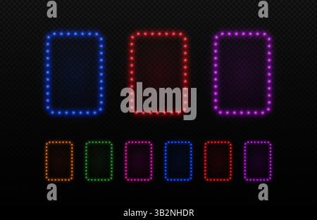Telaio al neon leggero con lampadine. Lampade rettangolari retrò a bordo per il cinema, il casinò e la pubblicità di feste. Set di elementi LED vettoriali isolati su sfondo scuro. Illustrazione Vettoriale