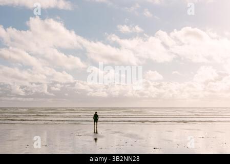 Un uomo fa una passeggiata contemplativa lungo l'Oceans Edge Foto Stock