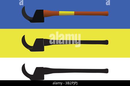Set spazzola Axe Vector e silhouette: Illustrazioni colorate e nere su sfondi blu, giallo e bianco Illustrazione Vettoriale