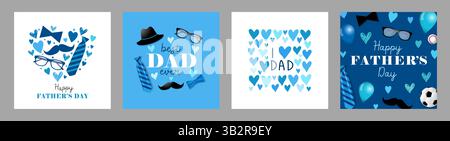 Miglior papà di sempre e ti amo papà biglietti di auguri set con accessori da uomo. Striscioni per la festa del papà con cravatta, fiocco, cappello, occhiali, palla Illustrazione Vettoriale