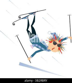 Sport invernali. Sciatrice. Caduta da sciatrice. Isolato su sfondo bianco Illustrazione Vettoriale