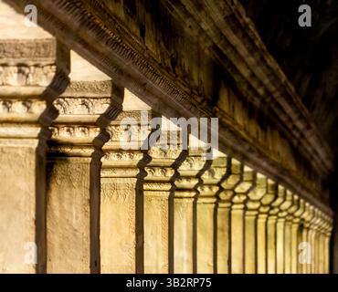 Una vista ravvicinata di colonne progettate in modo complesso in una struttura storica, che mostra intagli dettagliati ed elementi architettonici. L'evidenziazione Foto Stock