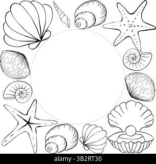 Conchiglie, stella marina circolare modello cornice per il testo. Illustrazione dell'inchiostro con linee grafiche vettoriali. Creature marine e conchiglie formano una cornice quadrata. per p Illustrazione Vettoriale