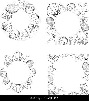 Conchiglie, stelle marine impostare il modello di cornice per il testo. Illustrazione dell'inchiostro con linee grafiche vettoriali. Creature marine e conchiglie formano una cornice quadrata. per la confezione, c Illustrazione Vettoriale