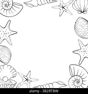 Modello cornice quadrata conchiglie e stelle marine per il testo. Illustrazione dell'inchiostro con linee grafiche vettoriali. Illustrazione marina del mondo sottomarino disegnato a mano Illustrazione Vettoriale
