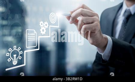 Uomo d'affari con una penna che tocca l'icona del passo del piano d'azione. Innovazione tecnologica su uno schermo virtuale. Concetto del piano d'azione Foto Stock