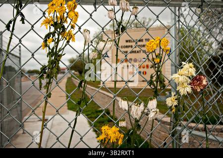 7 aprile 2014 - Fort Hood, Texas, Stati Uniti d'America - Un memoriale improvvisato di fiori a sostegno delle vittime della sparatoria del 2 aprile vicino al cancello principale di Fort Hood il 7 aprile 2014 a Fort Hood, Texas. (Immagine di credito: © Sgt. Ken Scar/Planet Pix via ZUMA Wire) Foto Stock