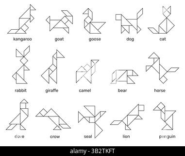 Animali tangram lineari. Puzzle geometrico dalle forme semplici, giochi logici e creativi per i bambini, schemi per mettere insieme le linee, elementi isolati, bambini Illustrazione Vettoriale