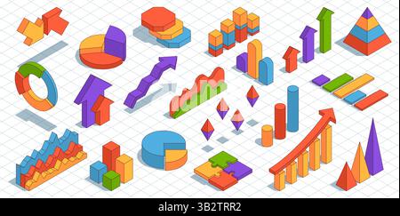 Infografiche di business isometriche. Grafici di diversi tipi, diagrammi colorati, torte, elementi di visualizzazione statistica e presentazione, diagrammi di dati Illustrazione Vettoriale