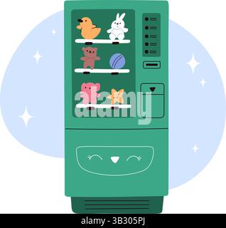 Distributori automatici con giocattoli per bambini. Dispositivi elettronici per la vendita di palle per bambini e peluche. Orsacchiotto. Apparecchiature automatiche per la vendita al dettaglio. Merchandi automatizzato Illustrazione Vettoriale