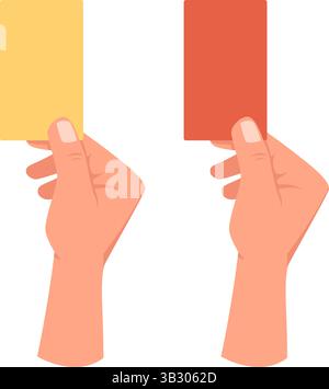 L'arbitro sportivo corregge le regole di infrazione. La mano mostra le carte gialle e rosse. Punizione di calcio al parco giochi. regolamento sul calcio. Fallo di gioco. Illustrazione Vettoriale