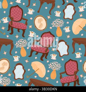 Articoli per l'arredamento. Design interno senza cuciture. Sedia comoda. Tavolino da caffè. Stampa ripetuta. Vaso con fiori. Speculare e ritratto. Antico Illustrazione Vettoriale