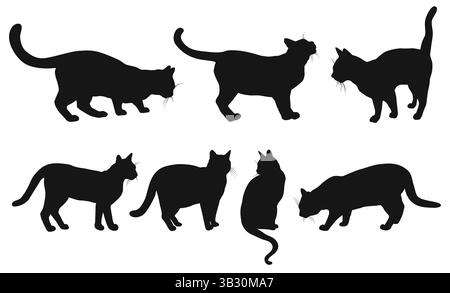 Icona o set di simboli della silhouette dei gatti. Collezione di sagome di gatti in diverse pose, seduti, a piedi isolati su sfondo bianco. Illustrazione Vettoriale