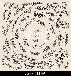 Serie di rami di alberi di doodle disegnati a mano con foglie. Profilo Illustrazione Vettoriale