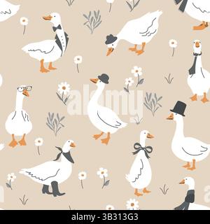 Graziose oche senza cuciture. Oca con cappello, cravatta, sciarpa, occhiali. Divertente illustrazione vettoriale di sfondo. Illustrazione Vettoriale