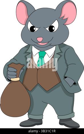 Personaggio di un topo cartoni animati vestito con un costume da lavoro, che tiene in mano una borsa con un'espressione maliziosa. Illustrazione Vettoriale