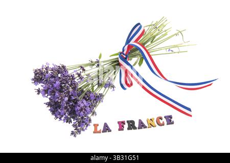Fiori di lavanda con Vive la France isolate su sfondo bianco Foto Stock