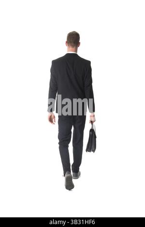 Vista posteriore business man walking con valigetta isolate su sfondo bianco Foto Stock
