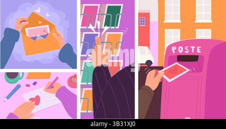 Invio di cartoline. Concetti di ricezione della posta le persone inviano carte regalo in buste cartacee con sfondi vettoriali esatti dei cartoni animati Illustrazione Vettoriale