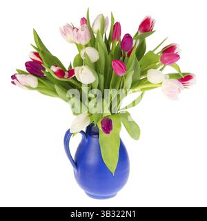 Bouquet colorati tulipani in vaso blu su sfondo bianco Foto Stock