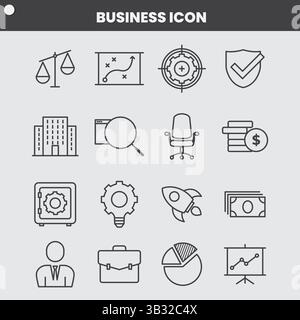 Set di icone minimaliste per le aziende: Scale di giustizia, grafici, obiettivi e simboli aziendali in bianco e nero Illustrazione Vettoriale