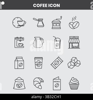 Set di icone minimaliste del caffè: Linea disegni di tazze, chicchi, macchine per espresso ed elementi da caffè in bianco e nero Illustrazione Vettoriale