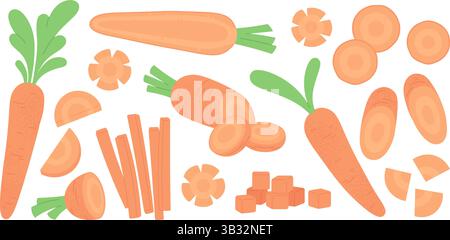 Carote cartoni animati. Taglio di carote isolato, bastoncini, cubetti e fette. Vitamine fresche verdure, cibo vegano. Ingredienti per piatti crudi, set di radici vettoriali Illustrazione Vettoriale