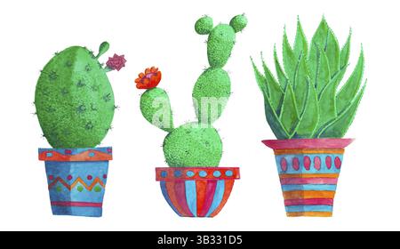Tre diversi cactus disegnati a mano isolati su sfondo bianco Foto Stock